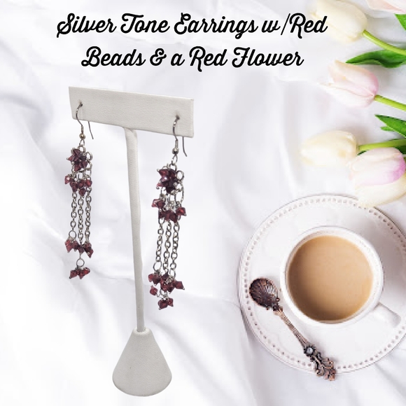 👣4/$20. Silver Tone Earrings w/Red Beads & a Red Flower - Picture 3 of 5